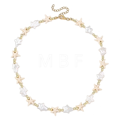 Ocean Synthetic Turquoise Starfish & Natural Baroque Keshi Pearl Star Beaded Necklaces for Women NJEW-JN06314-1