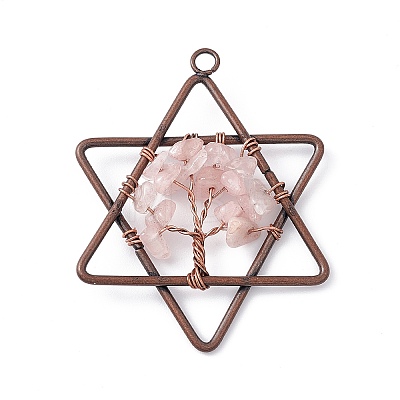 Pentagram Natural Rose Quartz Copper Wire Wrapped Chip Big Pendants G-E195-10R-01-1