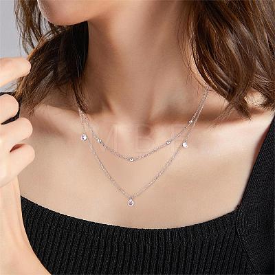 Double Layer Long Chain Necklace with Beads and Rhinestones Stainless Steel Sweater Necklace Simple Adjustable Chain Necklace Trendy Statement Necklace Neck Jewelry for Women JN1104A-1