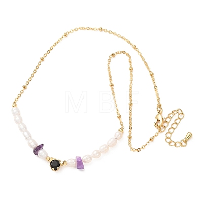Natural Amethyst Chip and Rice Natural Pearl Beaded Necklaces GG-CBA3297-15G-G-1