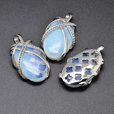 Oval Platinum Plated Brass Natural & Synthetic Mixed Stone Pendants G-F228-34-RS-1