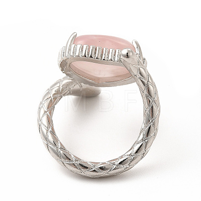 Natural Rose Quartz Heart with Snake Open Cuff Ring RJEW-P082-02P-12-1