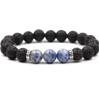 8MM Round Natural Blue Spot Jasper and Natural Lava Rock Beaded Stretch Bracelets for Couples BW4110-11-1