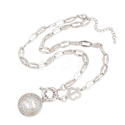 Mother's Day Brass Micro Pave Clear Cubic Zirconia Hollow Flat Round with Heart Mama Pendant Necklaces for Women NJEW-A071-05P-1