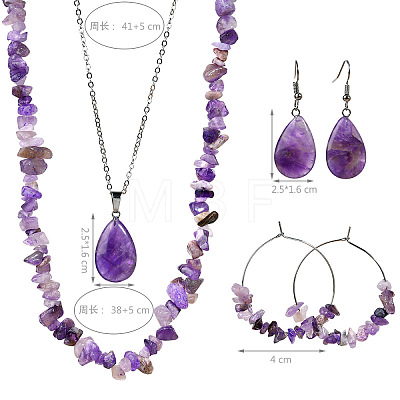 Bohemian Style Natural Amethyst Teardrop Pendant Necklaces & Chip Beaded Necklaces & Hoop Earrings & Dangle Earrings Sets WG11994-01-1