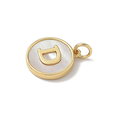 Brass Pave Natural Shell Flat Round with Letter Charms KK-Z115-13G-D-1
