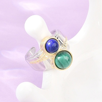 Natural Lapis Lazuli & Natural Malachite with Brass Cuff Open Rings RJEW-B163-01GP-04-1