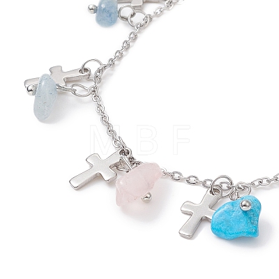 Natural & Synthetic Mixed Gemstone Chips & Cross Charms Anklet AJEW-AN00512-04-1