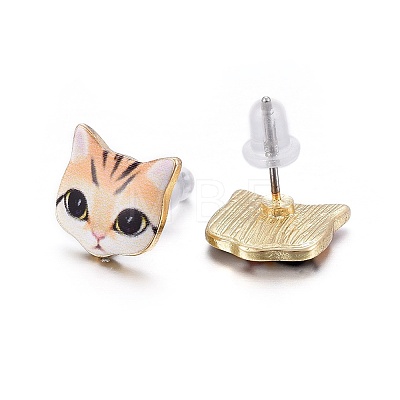 Real 14K Gold Plated Alloy Kitten Stud Earrings EJEW-G148-01G-09-1