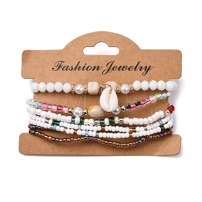Bohemian Resin & Alloy & Glass Beads & Shell & Plastic Pearls Beaded Stretch Bracelets BJEW-Z169-01A-1