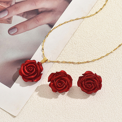 Elegant Iron Resin Rose Flower Stud Earrings & Pendant Necklaces Sets for Women ZC5626-1