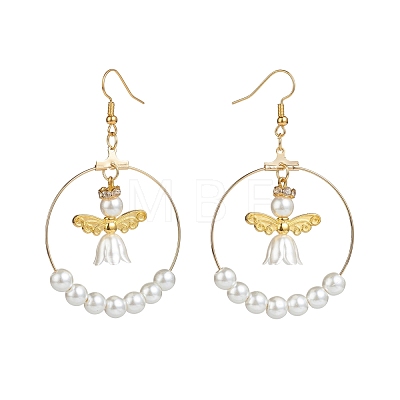 Glass & Plastic Imitation Pearl Beaded Big Ring with Fairy Dangle Earrings EJEW-JE05043-1