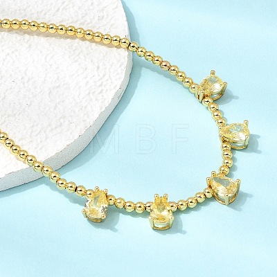Brass Pave Cubic Zirconia Teardrop Pendant Round Beaded Necklaces NJEW-C121-01G-03-1