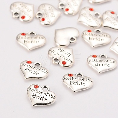 Wedding Theme Antique Silver Tone Tibetan Style Alloy Heart with Mother of the Bride Rhinestone Charms X-TIBEP-N005-18C-1