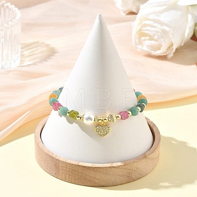 Brass Micro Pave Clear Cubic Zirconia Charm Natural Amazonite Round and Faceted Cube Multicolor Tourmaline Beaded Stretch Bracelets for Women BJEW-JB14378-03-1