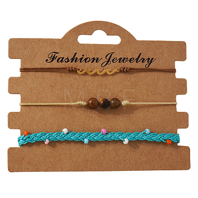 3Pcs 3 Styles Round Natural Tiger Eye & Glass Seed Beads Braided Bracelets & Stainless Steel Link Bracelets Set XI5712-8-1