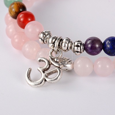 Trendy Natural Rose Quartz Beads Stretch 2-Loops Bracelets BJEW-JB01728-03-1