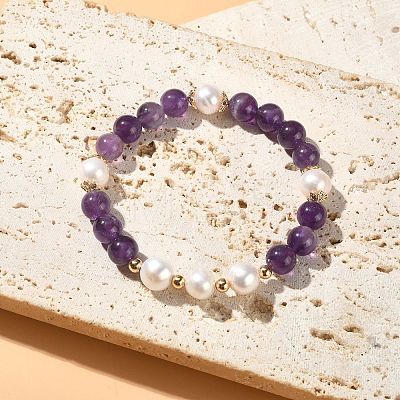 Natural Amethyst & Pearl Beaded Stretch Bracelet for Women BJEW-JB09384-03-1