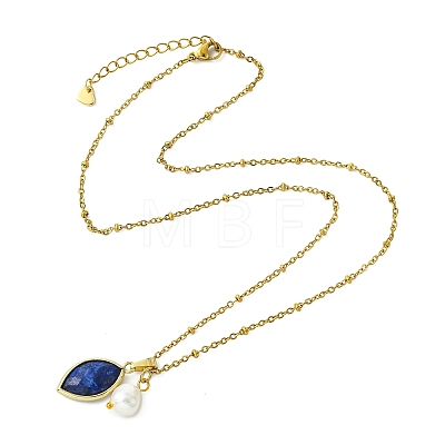 Natural Lapis Lazuli Faceted Horse Eye & Natural Pearl Pendant 304 Stainless Steel Satellite Chain Necklaces for Women NJEW-JN06057-01-1