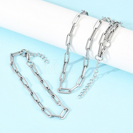 304 Stainless Steel Link Paperclip Chain Bracelet & Necklace Jewelry Sets SJEW-L199-05P-1