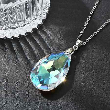 Clear AB Faceted Glass Teardrop Pendant 304 Stainless Steel Cable Chain Necklaces NJEW-JN06177-1