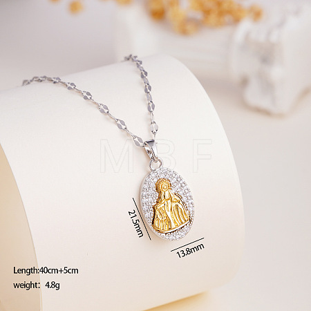 Two Tone Brass Micro Pave Clear Cubic Zirconia Religion Oval with Virgin Pendant Necklaces with 304 Stainless Steel Dapped Chains for Women WGEFA72-01-1