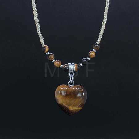 Natural Gemstone Heart Pendant Colorful Glass Seed Beads Beaded Necklaces for Women VA8487-4-1