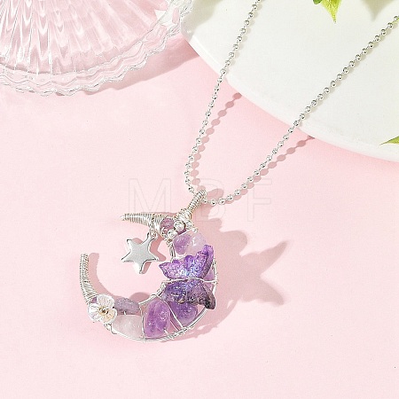 Natural Amethyst Wire Wrapped Moon with Acrylic Butterfly Pendant 304 Stainless Steel Ball Chain Necklaces NJEW-TA00266-02-1