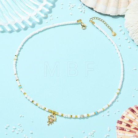 Ocean Brass Pave Clear Cubic Zirconia Sea Animals Pendant Natural Shell and Glass Seed Beaded Necklaces for Women NJEW-JN06345-03-1