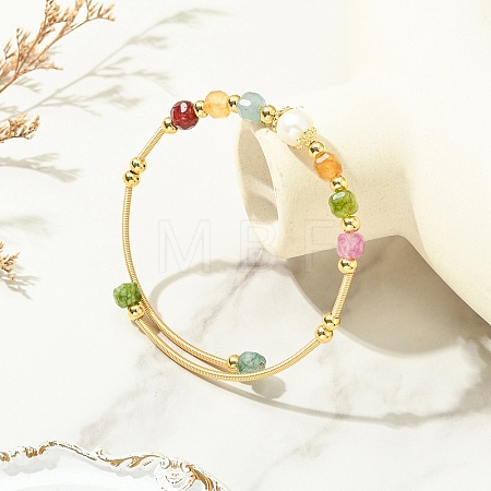 Natural Tourmaline & Freshwater Pearl Beaded Copper French Wired Cuff Bangles for Women BJEW-JB13987-01-1