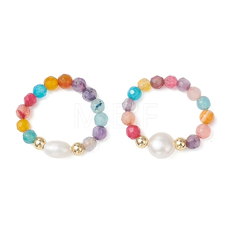 Adjustable Natural Cultured Freshwater Pearl & Natural Agate Finger Rings RJEW-JR00967-1