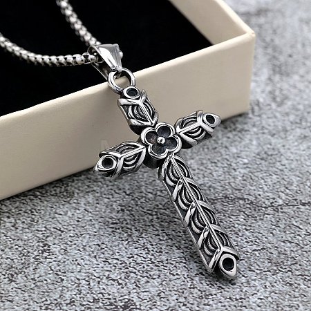 Vintage 304 Stainless Steel Double-Sided Viking Flower Cross Pendant Necklaces for Men Women WGAAC2B-01-1