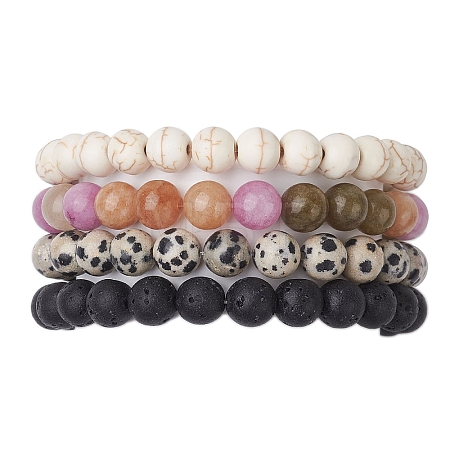 4Pcs Constellation 8mm Round Natural Dalmation Jasper & White Jade Imitation Tourmaline BJEW-JB10640-1