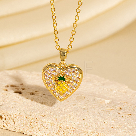 Brass Micro Pave Clear Cubic Zirconia Yellow Enamel Heart Pendant Necklaces for Women WGADC0E-01-1