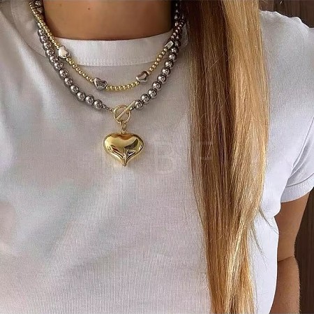 Two Tone CCB Plastic Heart Pendant Round Beaded 2-Strand Necklaces for Women WG9A686-01-1