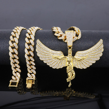 Zinc Alloy Full Crystal Rhinestone Goddess with Angel Wings Pendant Cuban Link Chain Necklaces for Women FS-WGAC8C0-01-1