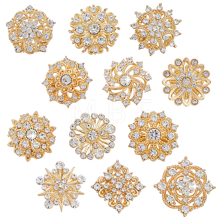 12Pcs Flower Alloy Rhinestone Brooches for Clothes JEWB-WH0020-073G-1