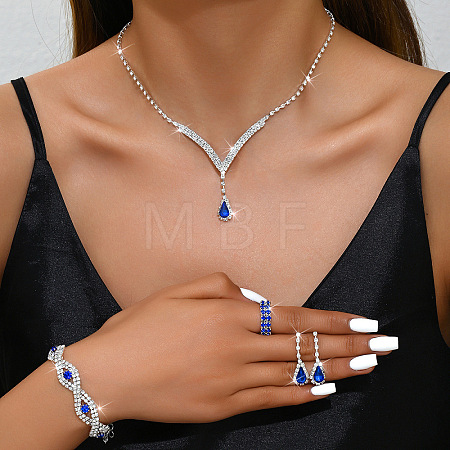 Alloy Rhinestone Horse Eye Chain Bracelets & Teardrop Stud Dangle Earring & Pendant Necklaces & Rings Sets FS-WG7ACD4-06-1