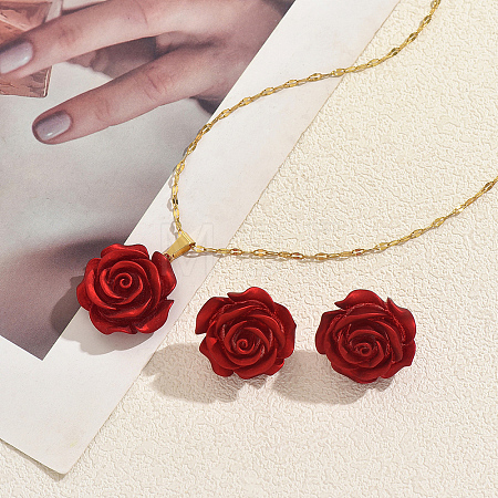 Elegant Iron Resin Rose Flower Stud Earrings & Pendant Necklaces Sets for Women ZC5626-1