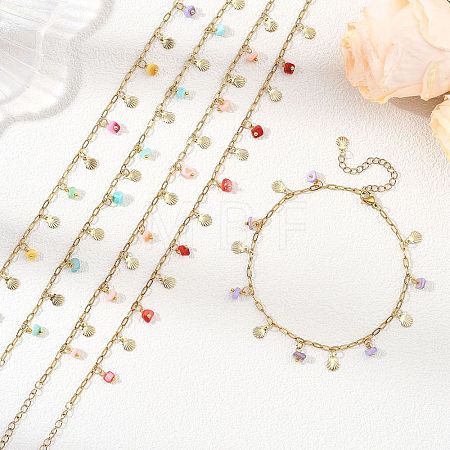 Ocean Natural Shell Chip and 304 Stainless Steel Shell Shape Tassel Paperclip Chain Necklaces for Women AJEW-AN00810-1