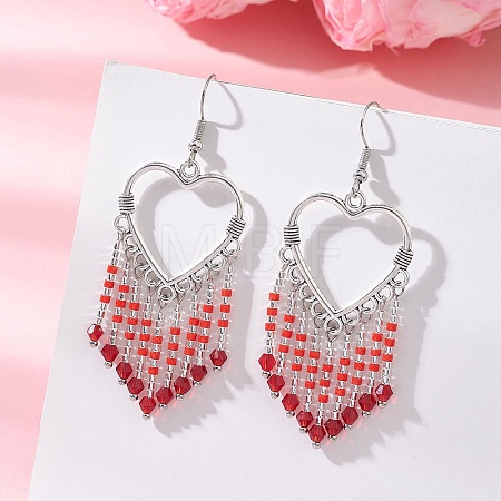 Hollow Heart Alloy & Glass Seed Beads Tassel Chandelier Earrings EJEW-MZ00685-02-1