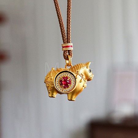 Brass Pave Cubic Zirconia and Enamel Horse Pendant Adjustable Cotton Cord Necklaces for Women WG24AFA-02-1