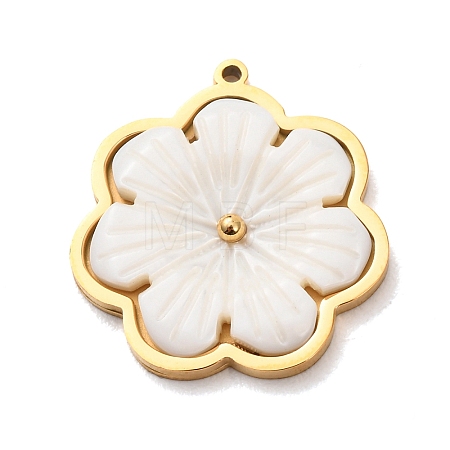 Carved Natural White Shell 304 Stainless Steel Pendants SH-K002-01B-G-1