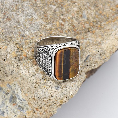 304 Stainless Steel with Natural Tiger Eye Finger Rings FS-WG67565-37-1