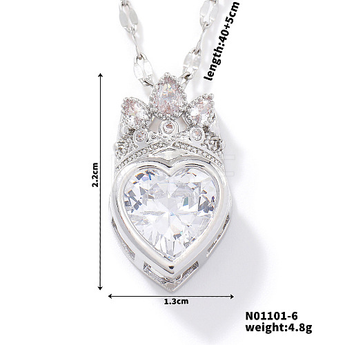 Fashionable Brass Cubic Zirconia Crown Heart-Shaped Pendant Dapped Chain Necklaces for Women SM2288-6-1