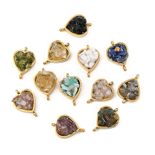 Natural Mixed Gemstone Chip 304 Stainless Steel Heart Connector Charms KK-P300-31G-1