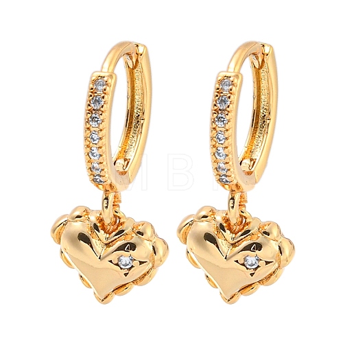 Heart Brass Micro Pave Clear Cubic Zirconia Huggie Hoop Dangle Earrings for Women AJEW-U003-01G-1