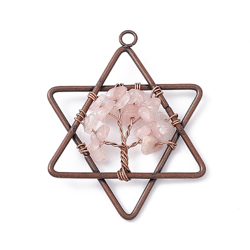 Pentagram Natural Rose Quartz Copper Wire Wrapped Chip Big Pendants G-E195-10R-01-1