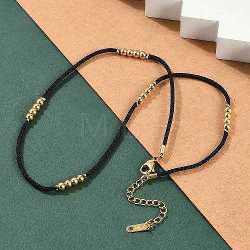 Ion Plating(IP) 304 Stainless Steel Round Beaded Nylon Cord Necklaces for Women NJEW-P320-15G-01-1