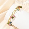 Natural Multicolor Tourmaline Faceted Cube Beads Tassel Brass Textured Cable Chain Bracelets for Women BJEW-JB14335-01-1